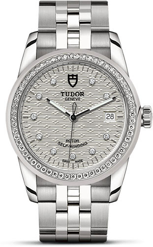 Tudor Glamour Date Watch - 36 mm Steel Case - Diamond Bezel - Silver Jacquard Diamond Dial