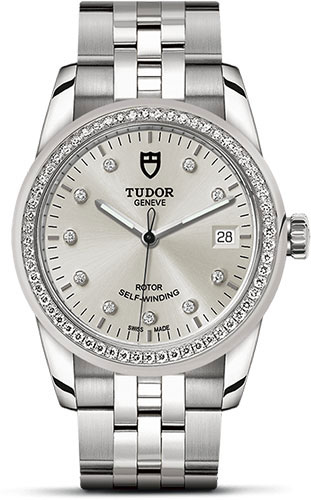 Tudor Glamour Date Watch - 36 mm Steel Case - Diamond Bezel - Silver Diamond Dial