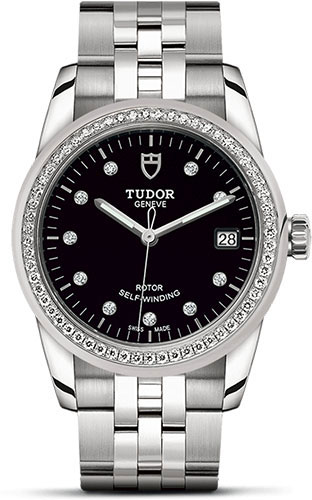 Tudor Glamour Date Watch - 36 mm Steel Case - Diamond Bezel - Black Diamond Dial