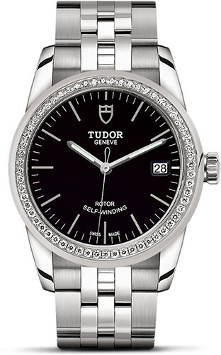 Tudor Glamour Date Watch - 36 mm Steel Case - Diamond Bezel - Black Dial