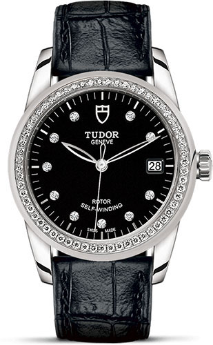 Tudor Glamour Date Watch - 36 mm Steel Case - Diamond Bezel - Black Diamond Dial - Leather Strap