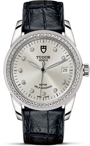 Tudor Glamour Date Watch - 36 mm Steel Case - Diamond Bezel - Silver Diamond Dial - Leather Strap