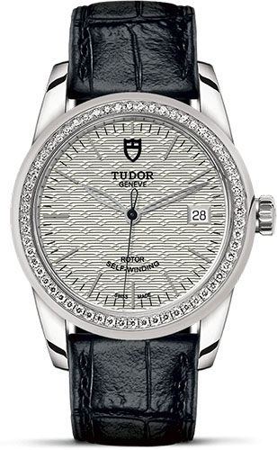 Tudor Glamour Date Watch - 36 mm Steel Case - Diamond Bezel - Silver Jacquard Dial - Leather Strap