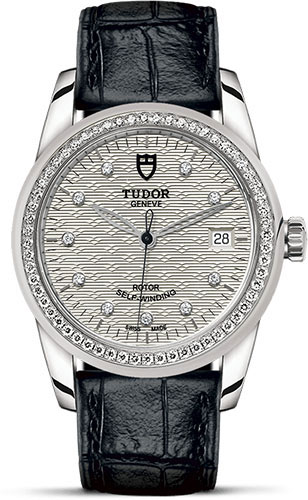 Tudor Glamour Date Watch - 36 mm Steel Case - Diamond Bezel - Silver Jacquard Diamond Dial - Leather Strap