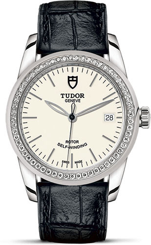 Tudor Glamour Date Watch - 36 mm Steel Case - Diamond Bezel - Leather Strap