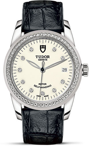 Tudor Glamour Date Watch - 36 mm Steel Case - Diamond Bezel - Diamond Dial - Leather Strap