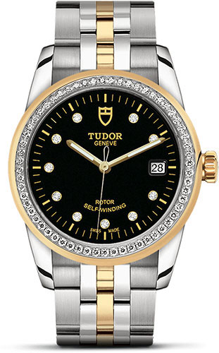 Tudor Glamour Date Watch - 36 mm Steel and Gold Case - Diamond Bezel - Black Diamond Dial - Bracelet