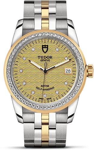 Tudor Glamour Date Watch - 36 mm Steel and Gold Case - Diamond Bezel - Champagne Jacquard Diamond Dial - Bracelet