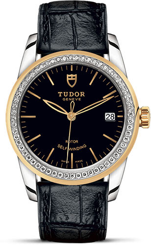 Tudor Glamour Date Watch - 36 mm Steel and Gold Case - Diamond Bezel - Black Dial - Leather Strap