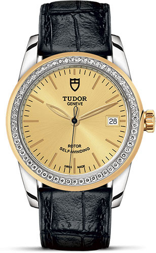 Tudor Glamour Date Watch - 36 mm Steel and Gold Case - Diamond Bezel - Champagne Dial - Leather Strap