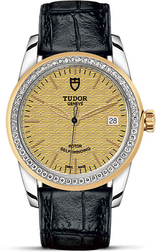 Tudor Glamour Date Watch - 36 mm Steel and Gold Case - Diamond Bezel - Champagne Jacquard Dial - Leather Strap
