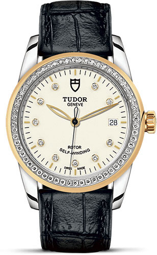 Tudor Glamour Date Watch - 36 mm Steel and Gold Case - Diamond Bezel - Diamond Dial - Leather Strap