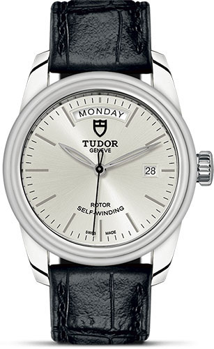 Tudor Glamour Date + Day Watch - 39 mm Steel Case - Silver Dial - Leather Strap
