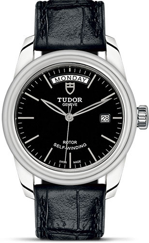 Tudor Glamour Date + Day Watch - 39 mm Steel Case - Black Dial - Leather Strap