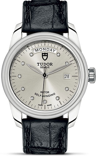 Tudor Glamour Date + Day Watch - 39 mm Steel Case - Silver Diamond Dial - Leather Strap