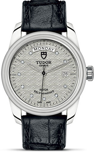 Tudor Glamour Date + Day Watch - 39 mm Steel Case - Silver Jacquard Diamond Dial - Leather Strap