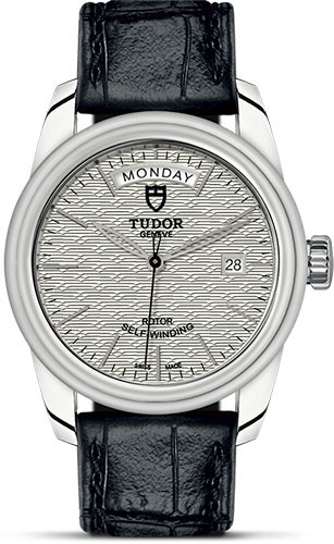 Tudor Glamour Date + Day Watch - 39 mm Steel Case - Silver Jacquard Dial - Leather Strap