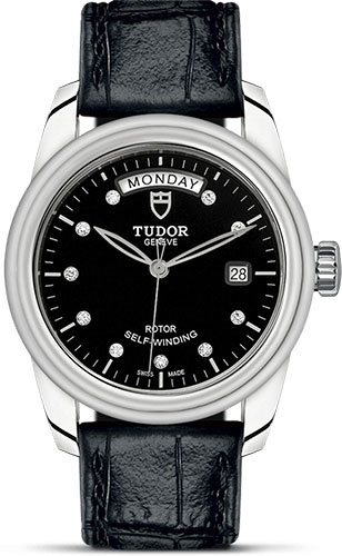 Tudor Glamour Date + Day Watch - 39 mm Steel Case - Black Diamond Dial - Leather Strap