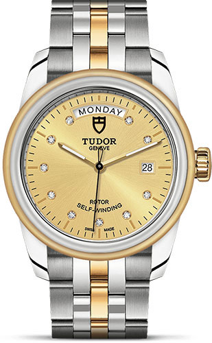 Tudor Glamour Date + Day Watch - 39 mm Steel and Gold Case - Champagne Diamond Dial - Bracelet