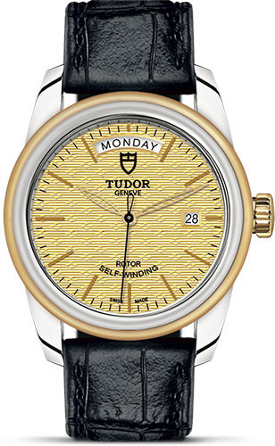 Tudor Glamour Date + Day Watch - 39 mm Steel and Gold Case - Champagne Jacquard Dial - Leather Strap