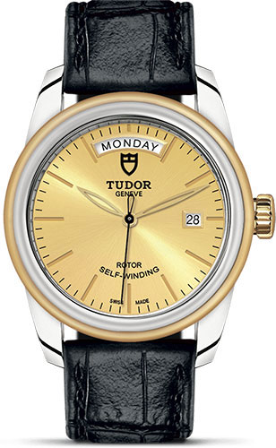 Tudor Glamour Date + Day Watch - 39 mm Steel and Gold Case - Champagne Dial - Leather Strap