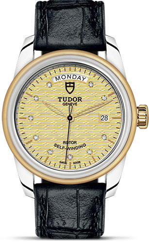 Tudor Glamour Date + Day Watch - 39 mm Steel and Gold Case - Champagne Jacquard Diamond Dial - Leather Strap