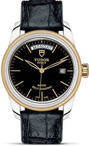 Tudor Glamour Date + Day Watch - 39 mm Steel and Gold Case - Black Dial - Leather Strap