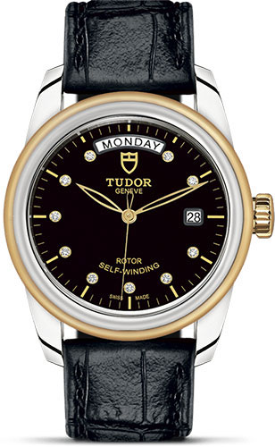 Tudor Glamour Date + Day Watch - 39 mm Steel and Gold Case - Black Diamond Dial - Leather Strap
