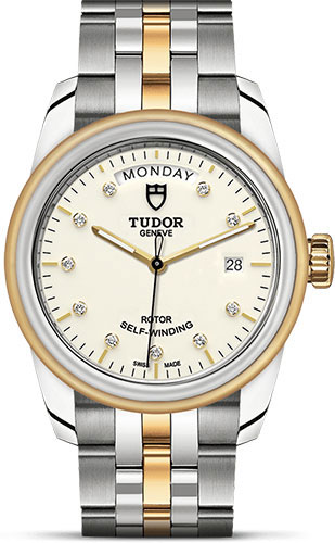 Tudor Glamour Date + Day Watch - 39 mm Steel and Gold Case - Diamond Dial - Bracelet