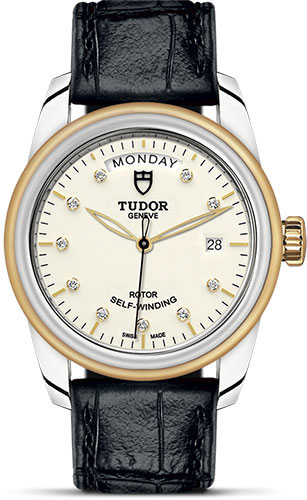Tudor Glamour Date + Day Watch - 39 mm Steel and Gold Case - Diamond Dial - Leather Strap