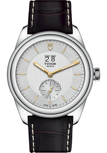 Tudor Glamour Double Date Watch - 42mm Steel Case - Silver Dial - Brown Leather Strap