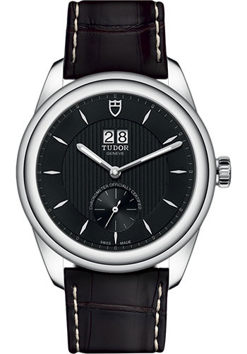 Tudor Glamour Double Date Watch - 42mm Steel Case - Black Dial - Brown Leather Strap
