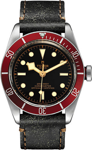 Tudor Black Bay Watch - 41 mm Steel Case - Burgundy Bezel - Brown Aged Leather Strap