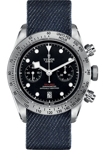 Tudor Black Bay Chrono Watch - 41 mm Steel Case - Black Dial - Navy-Blue Denim-Style Fabric Strap