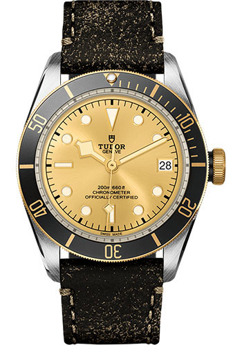 Tudor Heritage Black Bay Steel and Gold Watch - 41 mm Steel Case - Rotating Bezel - Champagne Dial - Black Aged Leather Strap