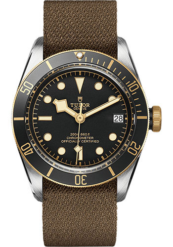 Tudor Heritage Black Bay Steel and Gold Watch - 41 mm Steel Case - Rotating Bezel - Black Dial - Brown Fabric Strap