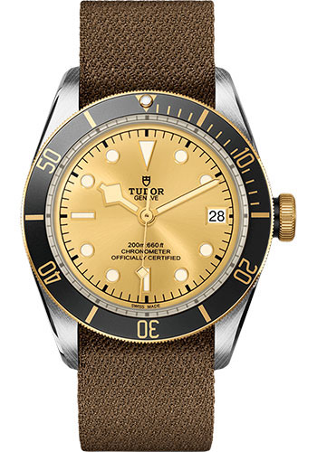 Tudor Heritage Black Bay Steel and Gold Watch - 41 mm Steel Case - Rotating Bezel - Champagne Dial - Brown Fabric Strap