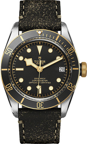 Tudor Heritage Black Bay Steel and Gold Watch - 41 mm Steel Case - Rotating Bezel - Black Dial - Brown Aged Leather Strap