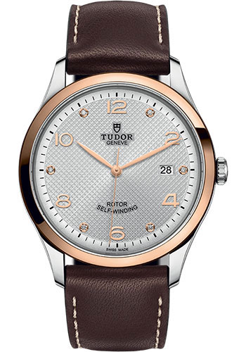 Tudor 1926 Watch - 41mm Steel and Gold Case - Silver Diamond Dial - Brown Leather Strap