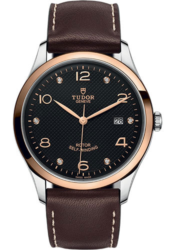 Tudor 1926 Watch - 41mm Steel and Gold Case - Black Diamond Dial - Brown Leather Strap