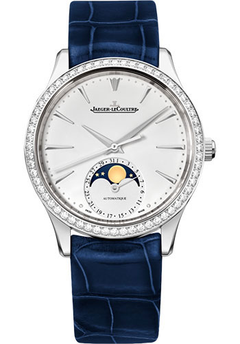 Jaeger-LeCoultre Master Ultra Thin Moon Watch - 34 mm Stainless Steel Case - Diamond Bezel - Silvered Dial - Venice Blue Alligator Strap