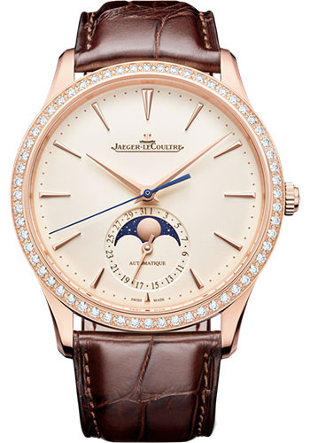 Jaeger-LeCoultre Master Ultra Thin Moon - Pink Gold Case - Diamond Bezel - Eggshell Beige Dial - Brown Strap