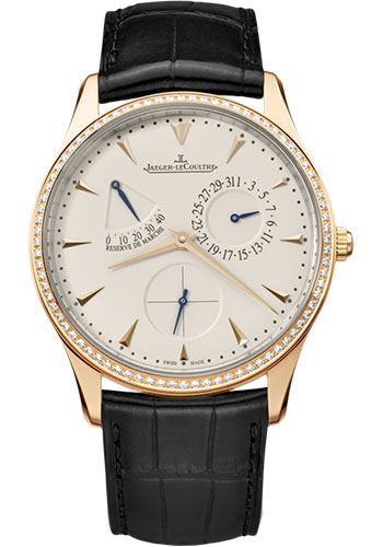Jaeger-LeCoultre Master Ultra Thin Réserve de Marche Watch - 39 mm Thick Pink Gold Case - Diamond Bezel - Eggshell Beige Dial - Brown Alligator Strap