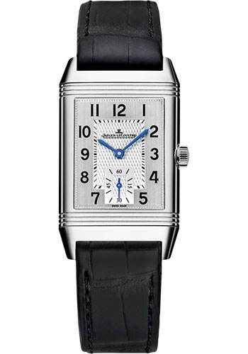 Jaeger-LeCoultre Reverso Classic Medium Small Seconds Watch - 42.9 mm Stainless Steel Case - Silvered Guilloche Dial - Black Leather Strap