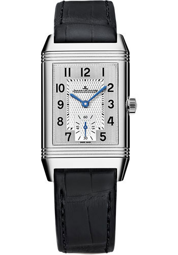 Jaeger-LeCoultre Reverso Classic Medium Duoface Small Seconds Watch - 42.9 mm Stainless Steel Case - Silvered Guilloché Dial - Black Leather Strap
