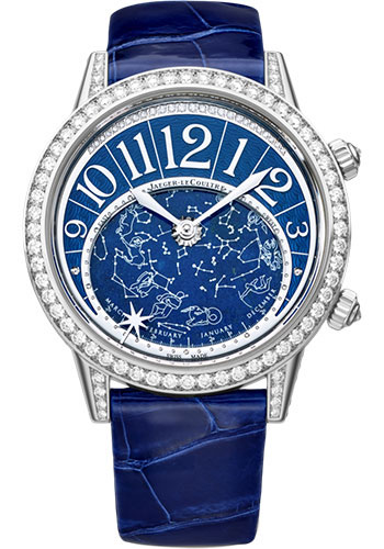 Jaeger-LeCoultre Rendez-Vous Celestial Watch - 37.5 mm Thick White Gold Case - Diamond Bezel - Guilloche Dial - Blue Alligator Strap