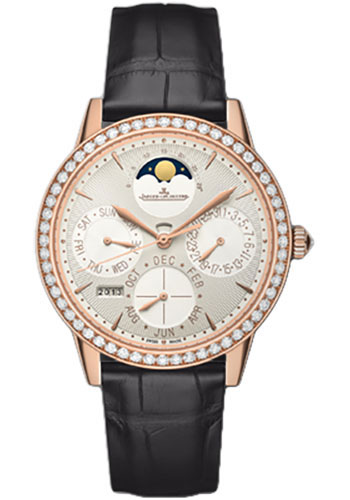 Jaeger-LeCoultre Rendez-Vous Perpetual Calendar Watch - 37.5 mm Thick Pink Gold Case - Diamond Bezel - Silvered Guilloche Dial - Brown Alligator Strap