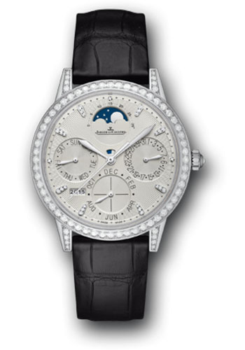 Jaeger-LeCoultre Rendez-Vous Perpetual Calendar Watch - 37.5 mm White Gold Case - Diamond Bezel - Silver Dial - Black Alligator Strap