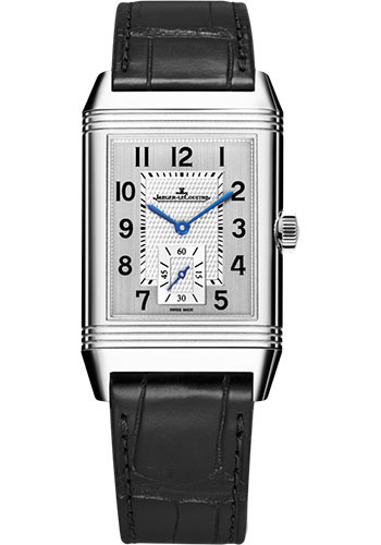 Jaeger-LeCoultre Reverso Classic Large Duoface Small Seconds Watch - 47 mm Stainless Steel Case - Silver Dial - Black Leather Strap