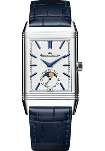 Jaeger-LeCoultre Reverso Tribute Moon Watch - 49.7 mm Stainless Steel Case - Back With Duo Second Dial - Blue Leather Strap